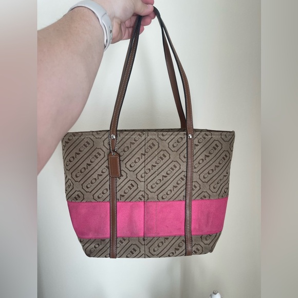 Coach Lozenge Brown Canvas Leather Trim Stripe Zipper Closure Tote Bag - Picture 2 of 5